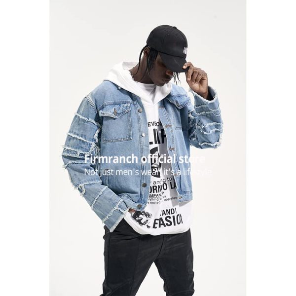 Light Blue Jeans Jacket For Men/Women High Street Do Old Washed Worn Out Paste Cloth Denim Coat black M