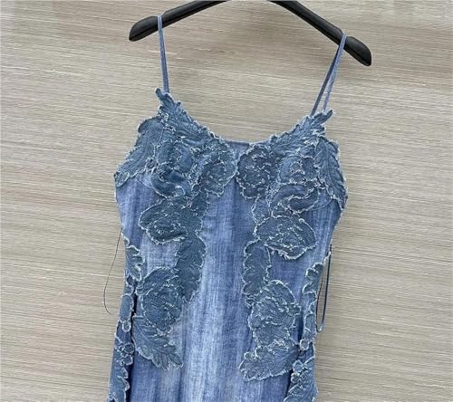 Women's Summer Embroidered Denim Spaghetti Strap Asymmetrical Long Slim Fit Casual Gown Elegant Maxi High Waist Wrap Dress