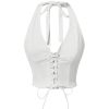 Women's Y2k Halter V Neck Backless Denim Top Shirred Lace Up Tie Back Crop Top