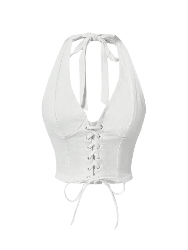 Women's Y2k Halter V Neck Backless Denim Top Shirred Lace Up Tie Back Crop Top