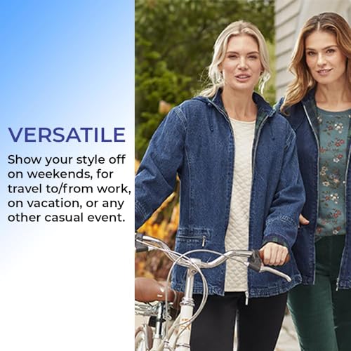 Women’s Flannel Lined Denim Jacket | Detachable Hood | Zip Front and Side Pockets | 100% Cotton