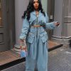 Womens Two Piece Sets Denim Outfit Ruched Long Sleeve Zip Up Cropped Jean Jacket Wide Leg Pants Chic Set
