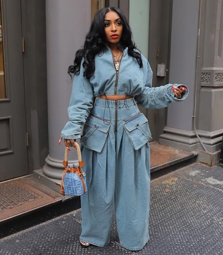 Womens Two Piece Sets Denim Outfit Ruched Long Sleeve Zip Up Cropped Jean Jacket Wide Leg Pants Chic Set