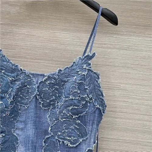 Women's Summer Embroidered Denim Spaghetti Strap Asymmetrical Long Slim Fit Casual Gown Elegant Maxi High Waist Wrap Dress