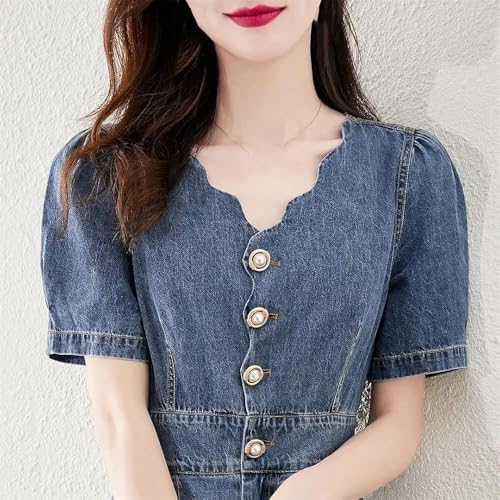 Sexy V Neck Button Down Denim Dress for Women Casual Jean Midi Dresses with Pockets