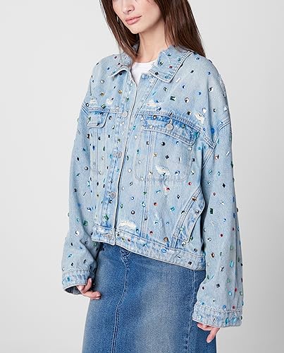 Womens Oversized Sustainable Multi Color Embellished Denim TruckerTrucker