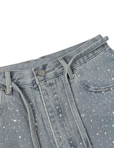 Rhinestone Denim Shorts Womens Jeans Pants Y2K Loose Fit Unisex Oversized Jorts Casual Streetwear Jeans Shorts