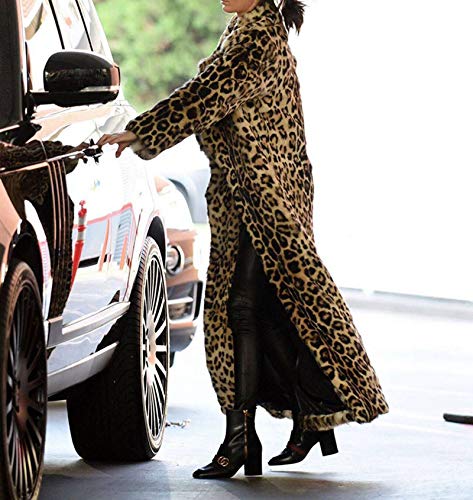 Women's Sexy Elegant Vintage Leopard Print Lapel Faux Fur Long Maxi Coat Jacket