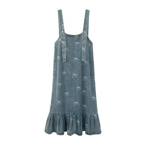 Summer Light Blue Denim Suspender Dress Women Loose Jacquard Casual Vintage Jean Dresses