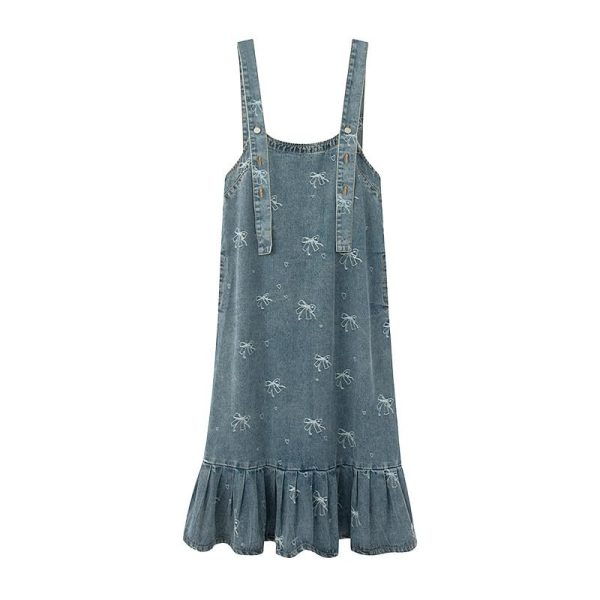 Summer Light Blue Denim Suspender Dress Women Loose Jacquard Casual Vintage Jean Dresses