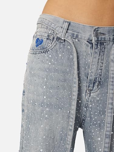 Womens Rhinestone Jeans Y2K Wide Leg Pants Unisex Loose Oversized Trousers Casual Baggy Streetwear Denim Pants