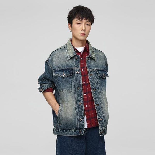 Vintage street denim jacket for men and women, loose American denim top for men