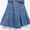 Summer Womens Denim Dress Turn Down Collar Single Breasted Mini Pleated Lace Up Casual Dress