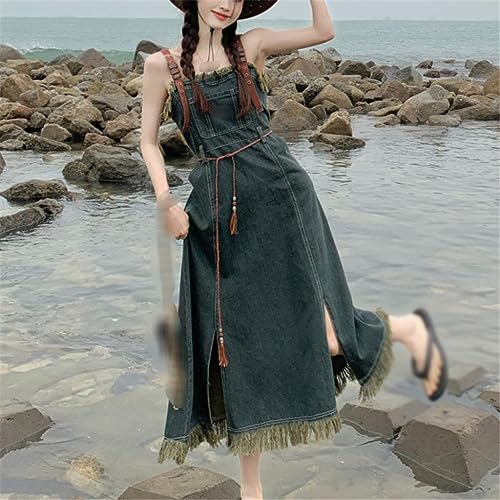 Retro Denim Dress Women's Waist Show Thin Tassel Sling Dress