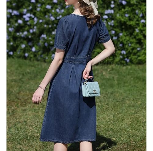 French Style Denim Dress Women Square Neck Embroidery Short Sleeve Gentle Retro Lady Dress