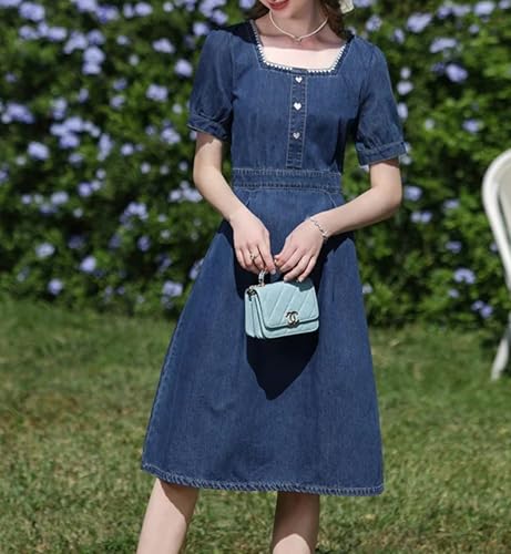 French Style Denim Dress Women Square Neck Embroidery Short Sleeve Gentle Retro Lady Dress