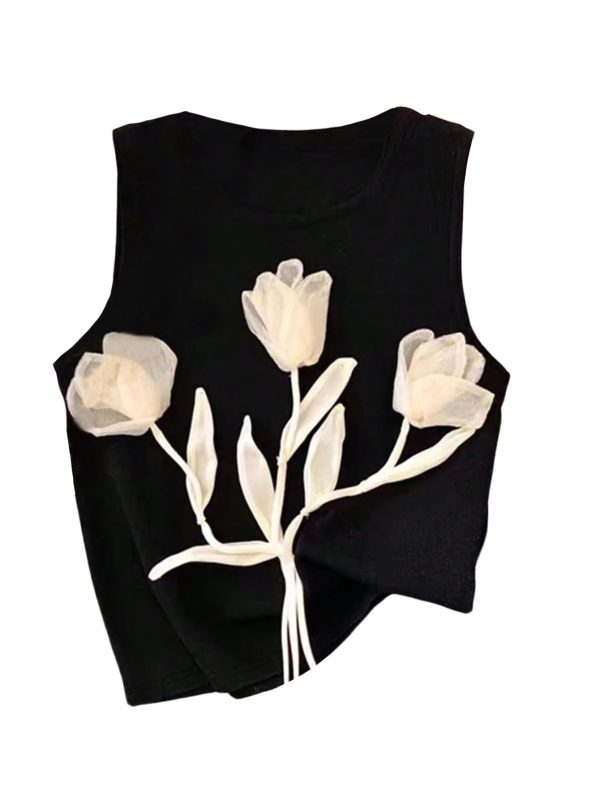 Women's 3D Floral Tank Top Crew Neck Tulip Applique Summer Casual Sleeveless Going Out Tops
