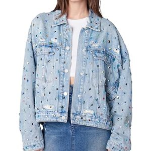 Womens Oversized Sustainable Multi Color Embellished Denim TruckerTrucker