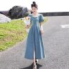 Women's Slim French Waist-Tied Bubble Sleeve Square Neck Slit Dress