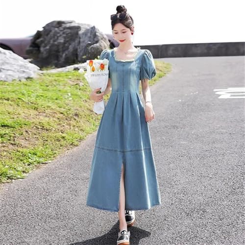 Women's Slim French Waist-Tied Bubble Sleeve Square Neck Slit Dress