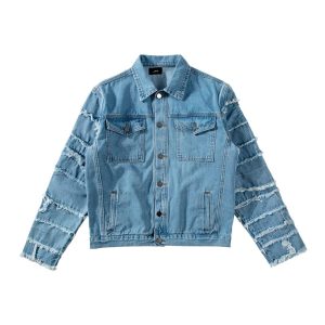 Light Blue Jeans Jacket For Men/Women High Street Do Old Washed Worn Out Paste Cloth Denim Coat black M