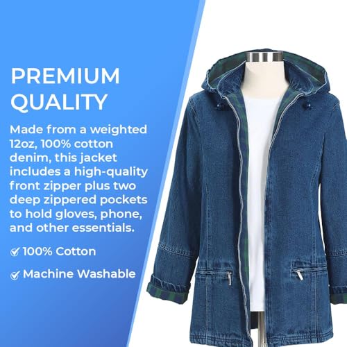 Women’s Flannel Lined Denim Jacket | Detachable Hood | Zip Front and Side Pockets | 100% Cotton