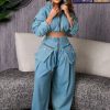 Womens Two Piece Sets Denim Outfit Ruched Long Sleeve Zip Up Cropped Jean Jacket Wide Leg Pants Chic Set