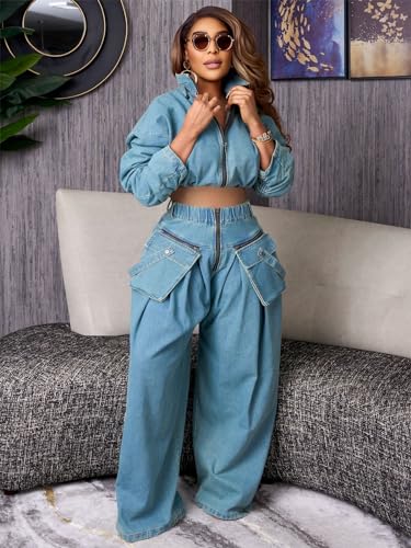 Womens Two Piece Sets Denim Outfit Ruched Long Sleeve Zip Up Cropped Jean Jacket Wide Leg Pants Chic Set