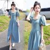 Women's Slim French Waist-Tied Bubble Sleeve Square Neck Slit Dress