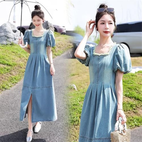 Women's Slim French Waist-Tied Bubble Sleeve Square Neck Slit Dress