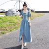 Women's Slim French Waist-Tied Bubble Sleeve Square Neck Slit Dress