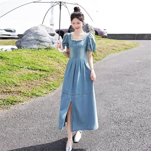 Women's Slim French Waist-Tied Bubble Sleeve Square Neck Slit Dress