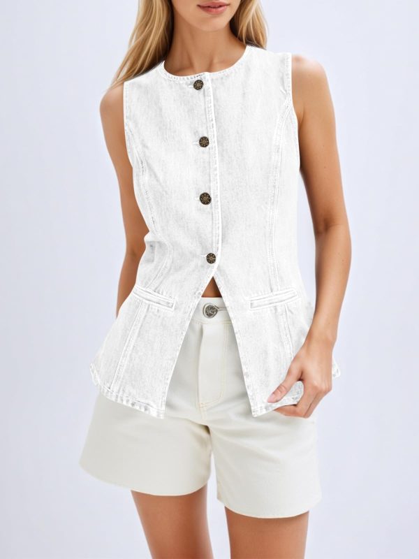 Womens Button Down Denim Vest Trendy Fitted Sleeveless Jean Tank Tops Crew Neck Waistcoat