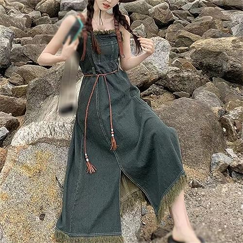 Retro Denim Dress Women's Waist Show Thin Tassel Sling Dress