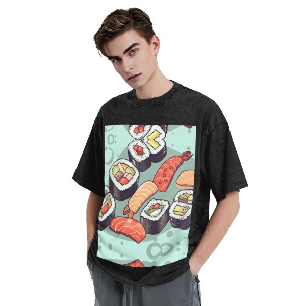 Oversized Tshirts for Men Vintage Cotton T-Shirts Sushi Short Sleeve Tees Loose Fit Tees Shirts