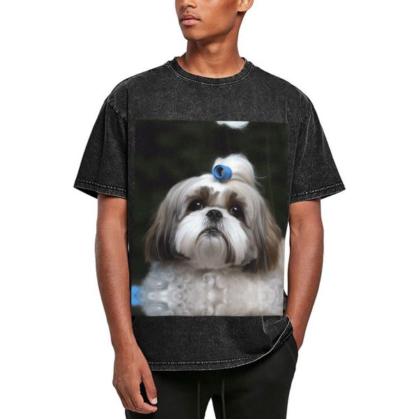 Oversized Tshirts for Men Vintage Cotton T-Shirts Shih Tzu Dog Short Sleeve Tees Loose Fit Tees Shirts