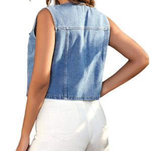 Women's Cropped Denim Vest Top Casual V Neck Button Down Sleeveless Jean Jacket Waistcoat