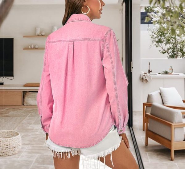 Denim Shirt Women Button Down Long Sleeve Chambray Western Jean Shirts Collared Casual Denim Tops