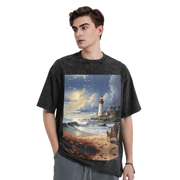 Oversized Tshirts for Men Vintage Cotton T-Shirts Sea Lighthouse Sandbeach Short Sleeve Tees Loose Fit Tees Shirts