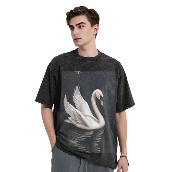 Oversized Tshirts for Men Vintage Cotton T-Shirts White Swan Short Sleeve Tees Loose Fit Tees Shirts
