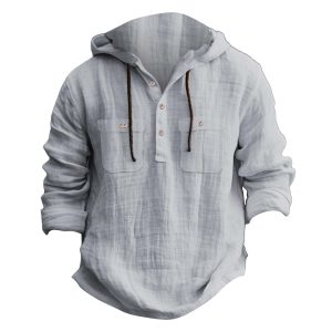Mens Cotton Linen Hoodie Long Sleeve Lightweight Breathable Hooded Button Down Shirt Spring Fall Casual Tops