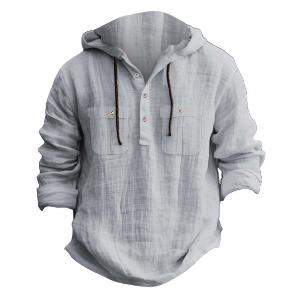 Mens Cotton Linen Hoodie Long Sleeve Lightweight Breathable Hooded Button Down Shirt Spring Fall Casual Tops