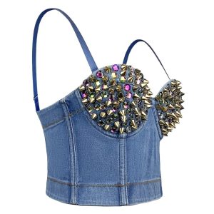 Women Rhinestones Studded Denim Bustier Crop Cami Top Sexy Spaghetti Strap Sleeveless Fashion Jean Corset Top Bra