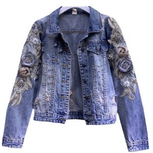 Short Denim Jacket Woman Spring Autumn Industrial Beads Embroidered Stereo Flowers Holes Jeans Coat