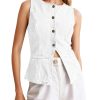 Womens Button Down Denim Vest Trendy Fitted Sleeveless Jean Tank Tops Crew Neck Waistcoat