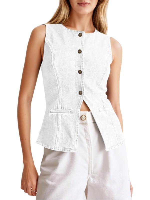 Womens Button Down Denim Vest Trendy Fitted Sleeveless Jean Tank Tops Crew Neck Waistcoat