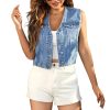 Women's Cropped Denim Vest Top Casual V Neck Button Down Sleeveless Jean Jacket Waistcoat
