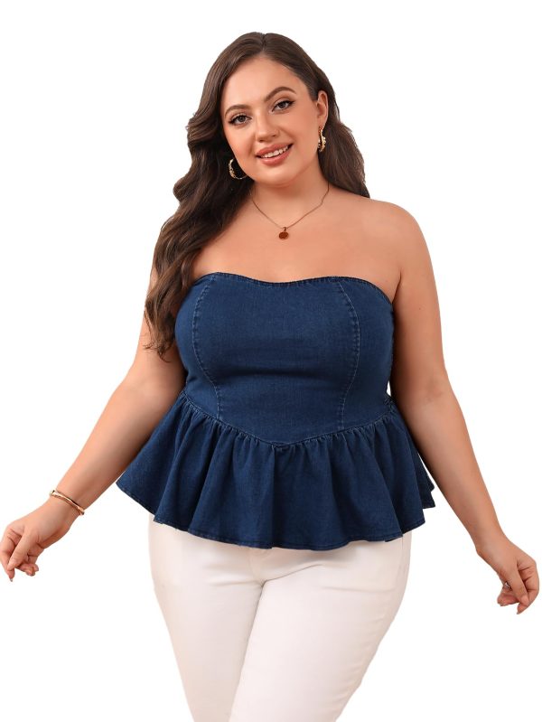 Women's Plus Size Strapless Denim Ruffle Top Camisole Peplum Y2K Jean Tube Tops