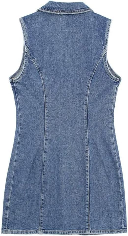 Fashionable Denim Dress for Women Sleeveless Knee Length Retro Casual Jean Dress