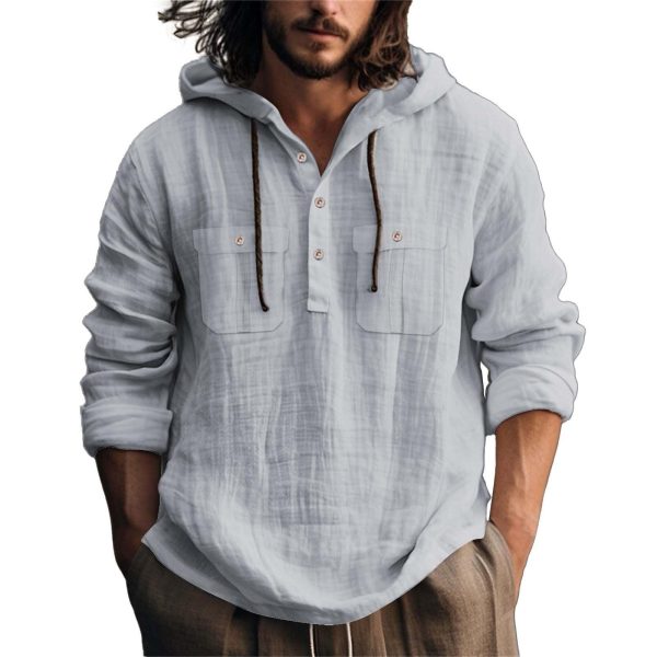 Mens Cotton Linen Hoodie Long Sleeve Lightweight Breathable Hooded Button Down Shirt Spring Fall Casual Tops
